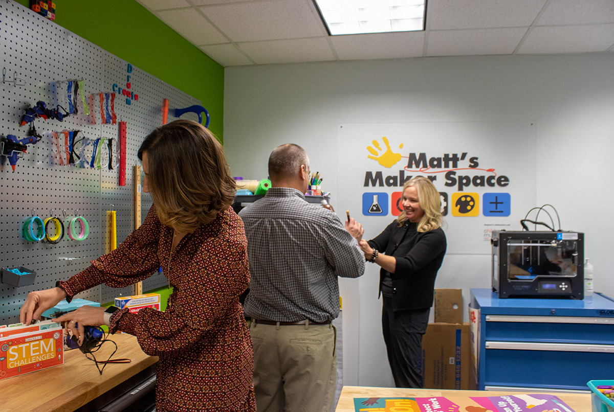 Pictured are professors Kamryn York, Mark Marnich and Virginia Chambers in the Matt's Maker Space Lab. Photo by Natalie Caine.