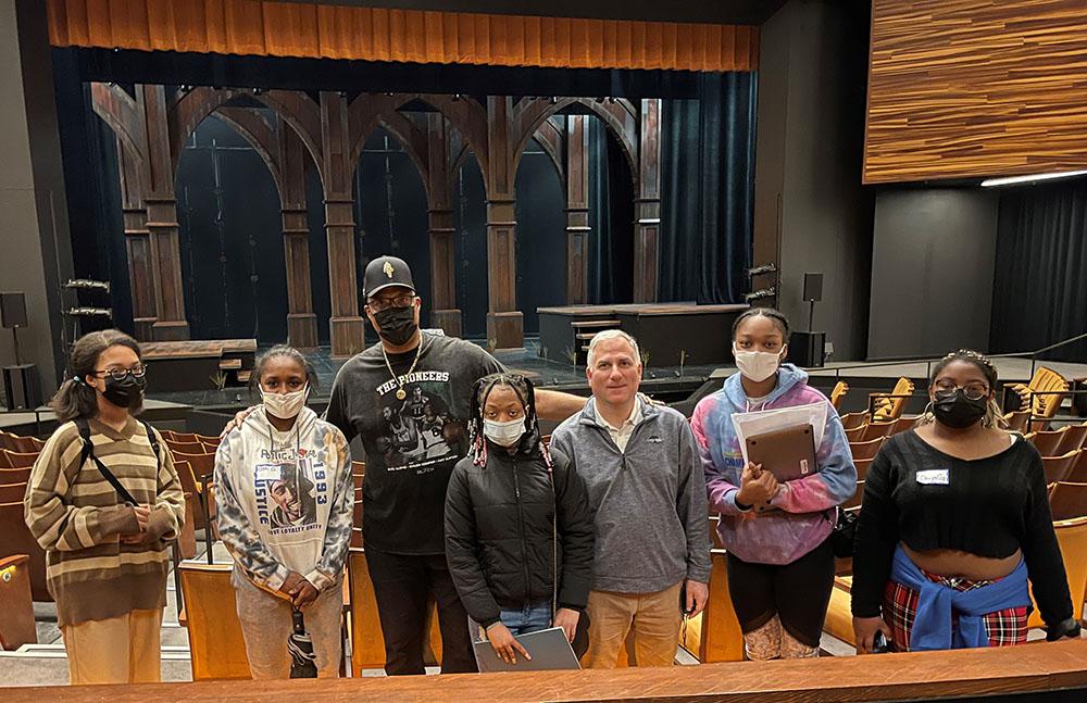 Pictured are Rowland School of Business Dean Stephen Tanzilli, Chuck Cooper III and high school students during a Cooper Gibson workshop at the Pittsburgh Playhouse.