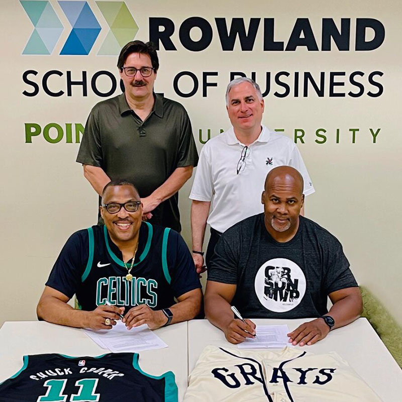 Pictured from top left are Robert Derda, M.S., associate professor and chair of the Department of Sports, Arts and Entertainment Management; Stephen Tanzilli, J.D., dean of the Rowland School of Business; Chuck Cooper III, president of Chuck Cooper Enterprises, LLC and president of Chuck Cooper Foundation, and Sean Gibson, president of Josh Gibson Enterprise and the executive director of the Josh Gibson Foundation.