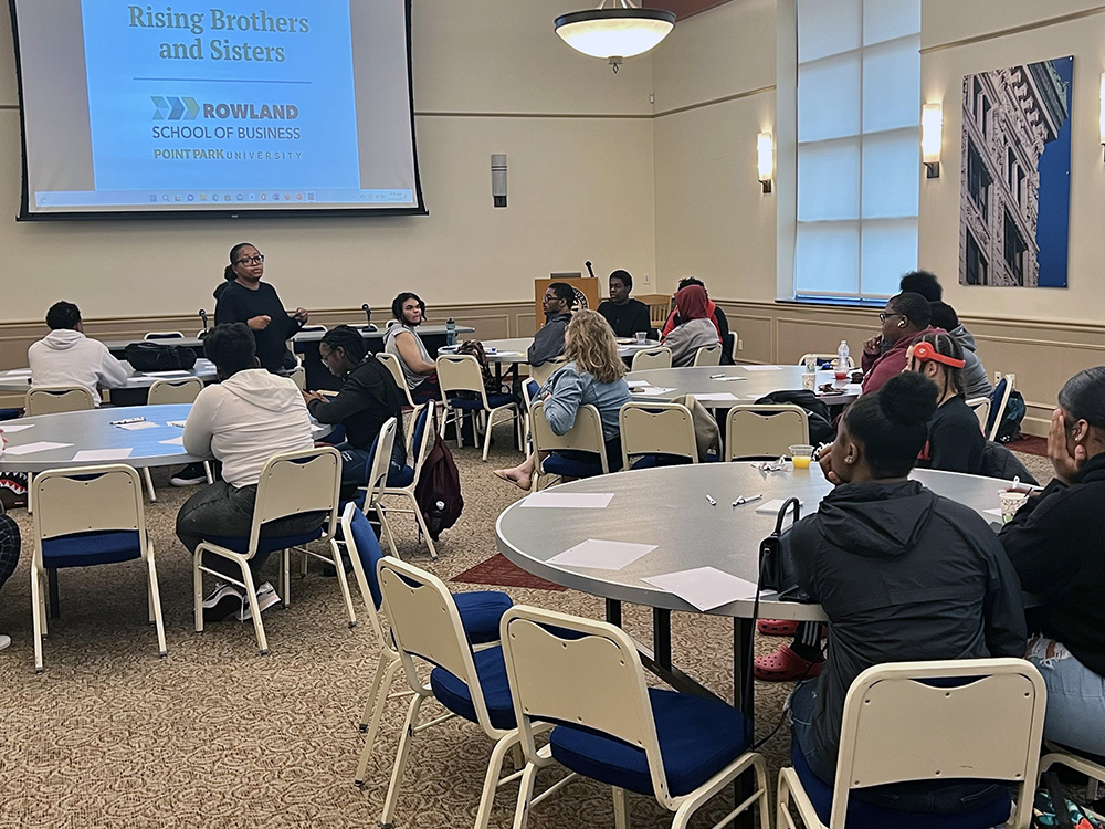 Josie Brown, Ph.D., dean of the School of Arts & Sciences, speaks to students from Aliquippa Junior/Senior High School. Submitted photo.
