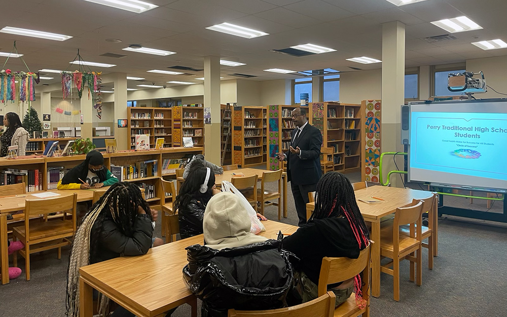 Pictured is Mitchel Nickols speaking to students at Perry High School. Submitted photo.