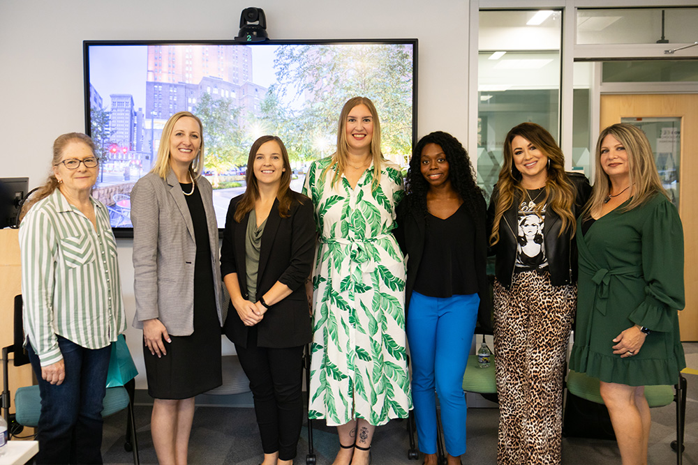 Panelists from the Women In Industry's "Winning in Business" event pose for a photo at Point Park University's Michael P. Pitterich Sales and Innovation Center on Sept. 26, 2025.