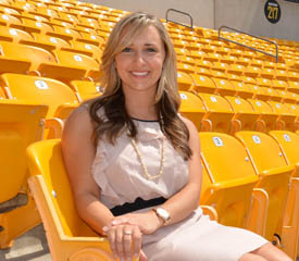 Pictured is Meghan McCabe, a 2013 sport, arts and entertainment management alumna and club manager for Heinz Field. | Photo by Connor Mulvaney