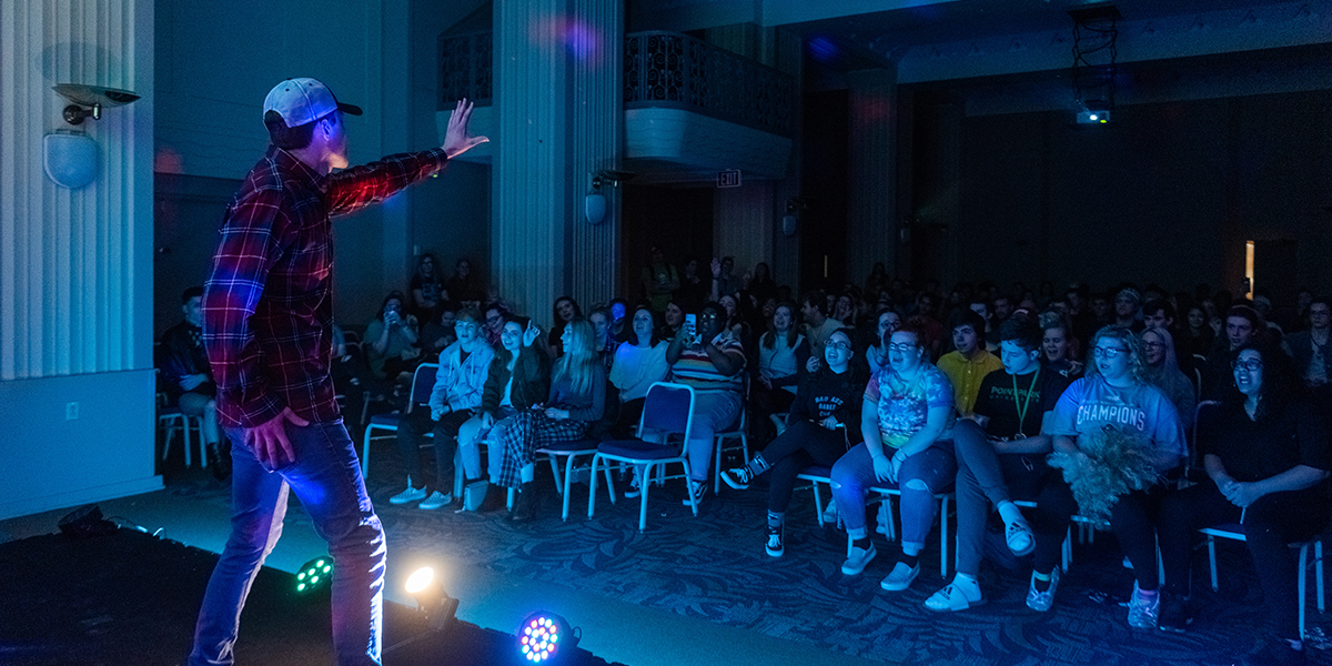 Pictured is a student performing at the 2019 Lip Sync Battle on campus hosted by the SAEM Club.