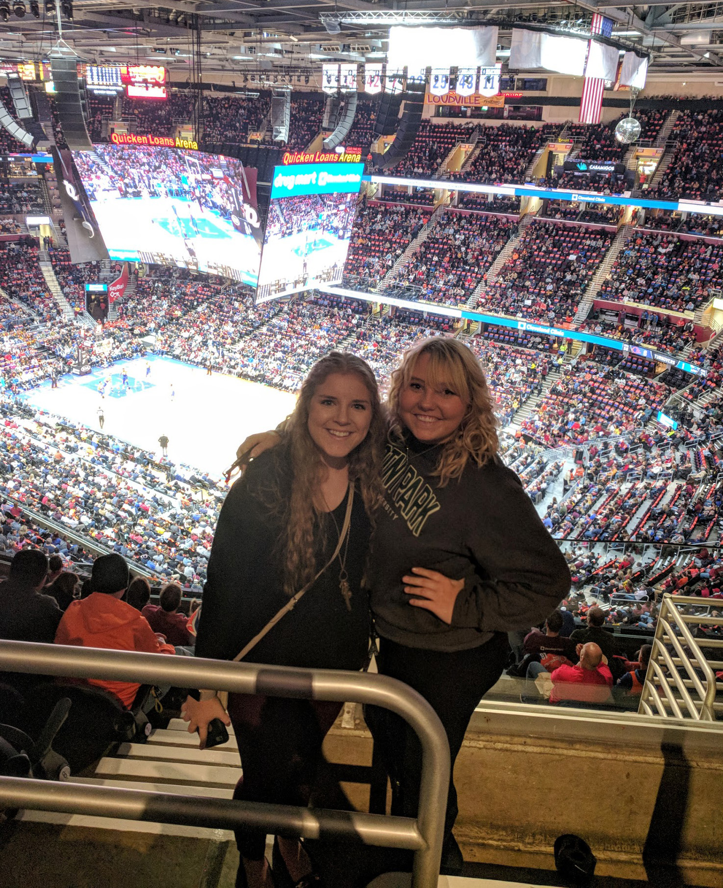 SAEM Club members Maddie Winger and Bryana Appley at the Quicken Loans Arena for a Cleveland Cavaliers game