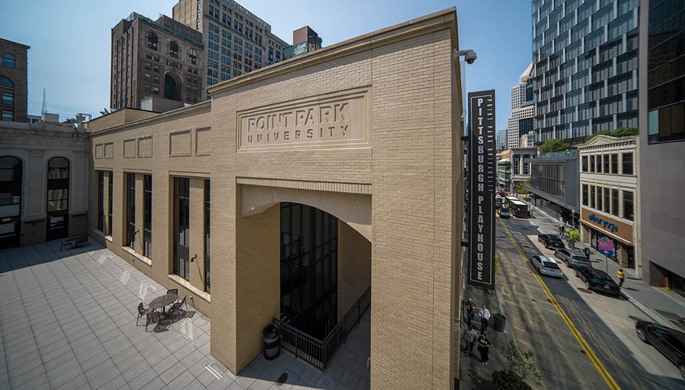 A drone photo of Point Park University's Pittsburgh Playhouse.