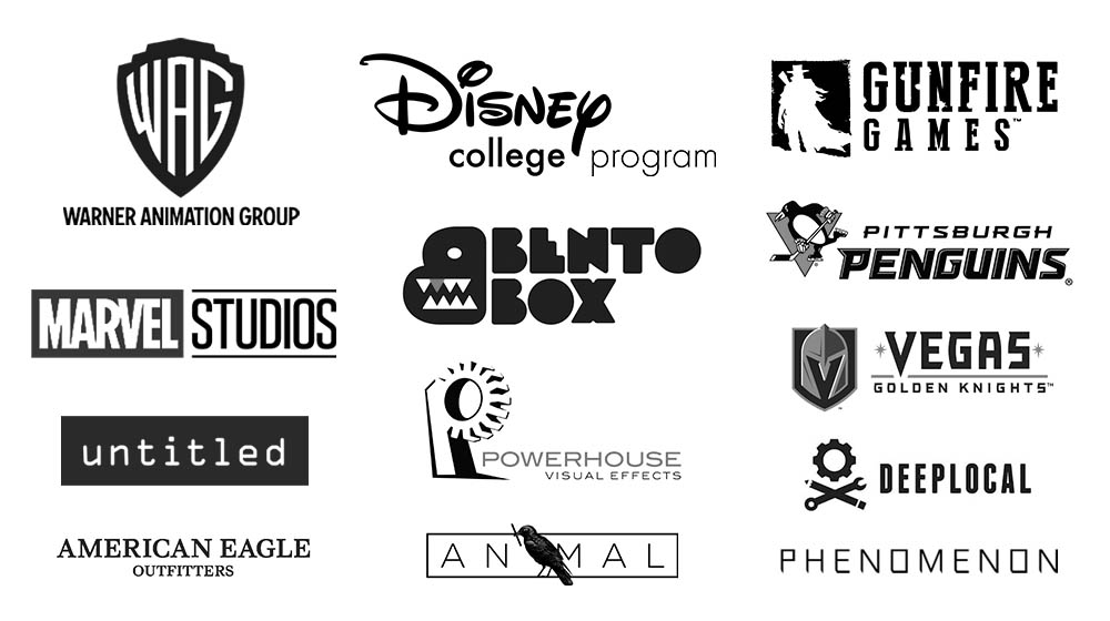 An image listing studios where Point Park animation students have landed internships and jobs.