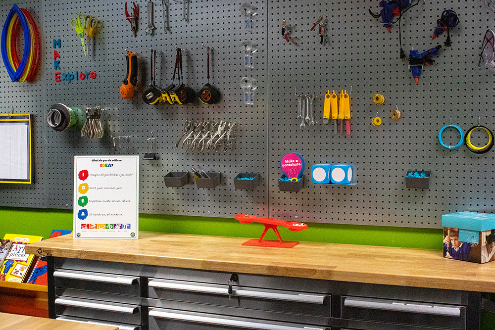 Pictured is a wall of tools and materials in the Matt's Maker Space Lab at Point Park University. Photo by Natalie Caine.