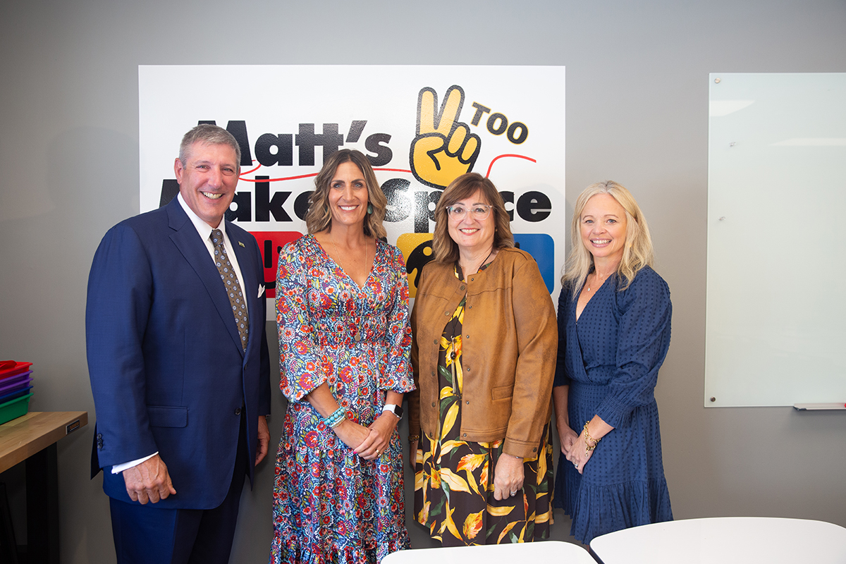 Pictured are Point Park University President Dr. Chris Brussalis, Kamryn York, Noelle Conover and Virginia Chambers.