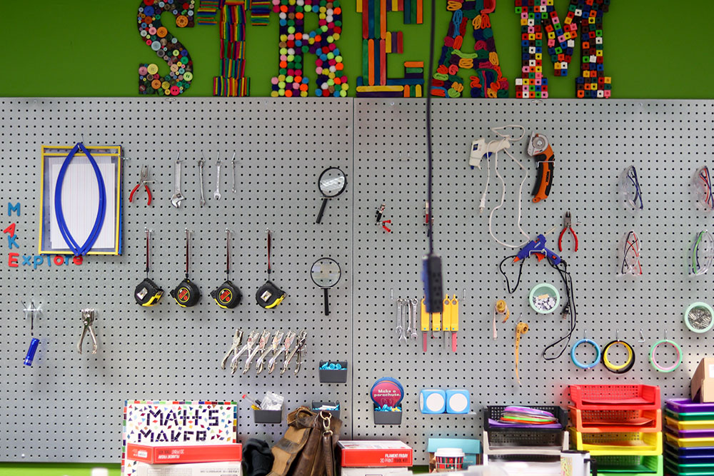 Pictured is a wall of tools and materials in the Matt's Maker Space Lab at Point Park University. Photo by Natalie Caine.