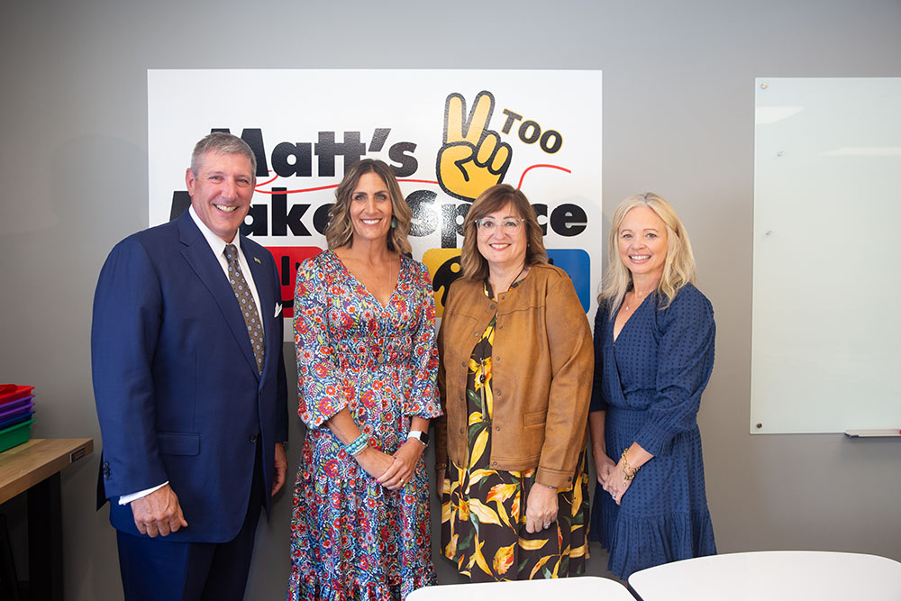 Pictured from left are Point Park President  Dr. Chris W. Brussalis, Dr. Kamryn York, Matt's Maker Space Co-Founder Noelle Conover and Dr. Virginia Chambers. Photo by Randall Coleman.