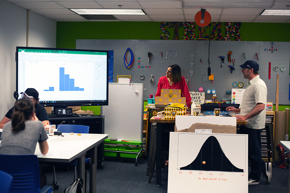 Pictured is Professor Matt Pascal, Ph.D., teaching a class with Professor Kamryn York, Ed.D., in the Matt's Maker Space Lab. Photo by Natalie Caine.