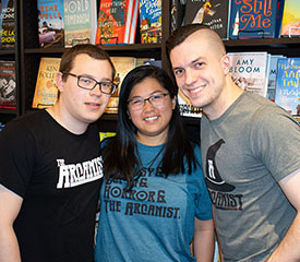 Pictured is creative writing alumni Josh Hrala, Andie Fullmer and Patrick Morris. Photo by Brandy Richey