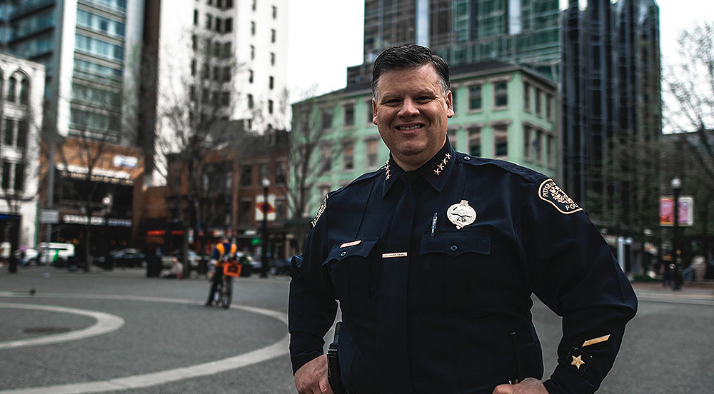 Pictured is criminal justice alumnus and Pittsburgh Police Chief Scott Schubert. Photo by Daniel Kelly.
