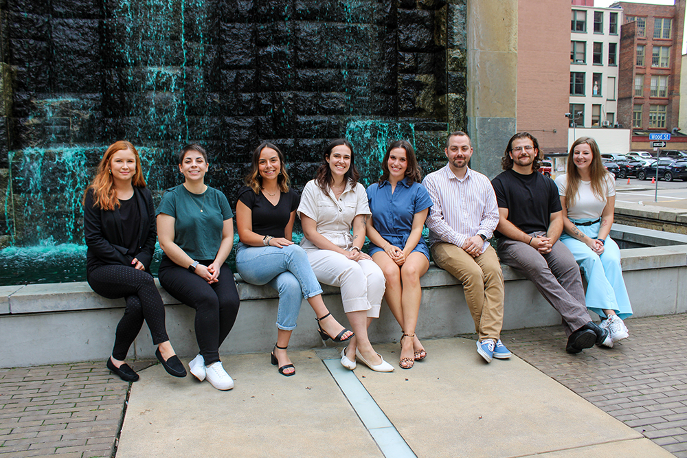 Pictured are students in Point Park's 2023 Psy.D. cohort. From left are Shelby Wyant, Sasha Nebrat, Amilee Miller, Tally Moss, Lauren Hirshorn, Folium O'Brien, Derek Franco and Brigid Haugh. Photo by Nadia Jones.