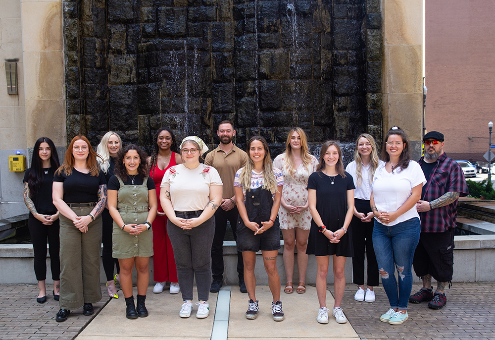 Pictured are students in Point Park's 2022 Psy.D. cohort. In the front row from left are Kylie Sullivan, Jenna Armstrong, Sarah Varley, Savanna Sulc, Alyssa Laughner and Alexandra D'Ercole. In the back row from left are Eliza Watson, Anastasia Sfakis, Ayonna Christopher, Michael Deely, Rachel Cox, Allison Green and Shawn Jones. Photo by Randall Coleman.