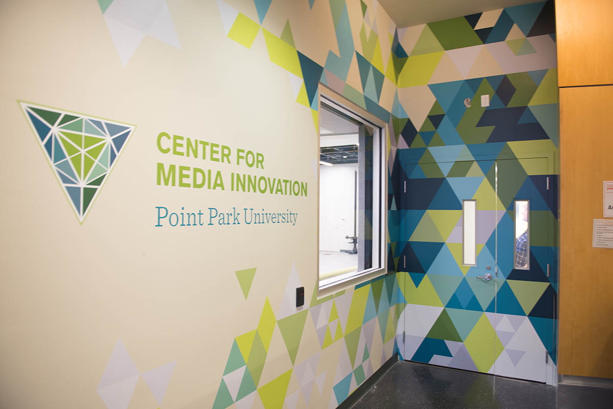 The main door to Point Park University's Center for Media Innovation. Photo | Chris Rolinson
