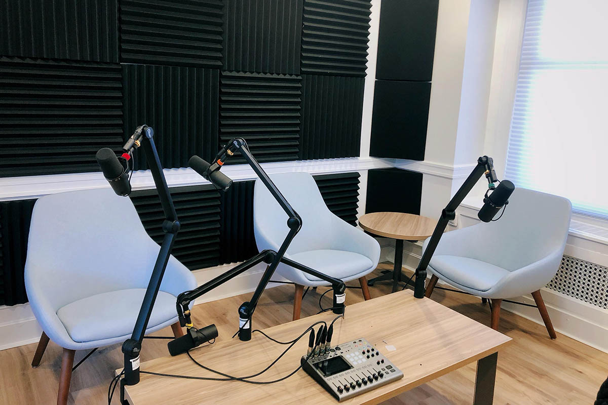 Podcast area in the Pittsburgh Downtown Media Hub. 