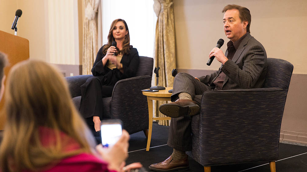 Point Park alumni Celina and Bob Pompeani discuss their careers in broadcasting in the Lawrence Hall Ballroom. Photo | Randall Coleman