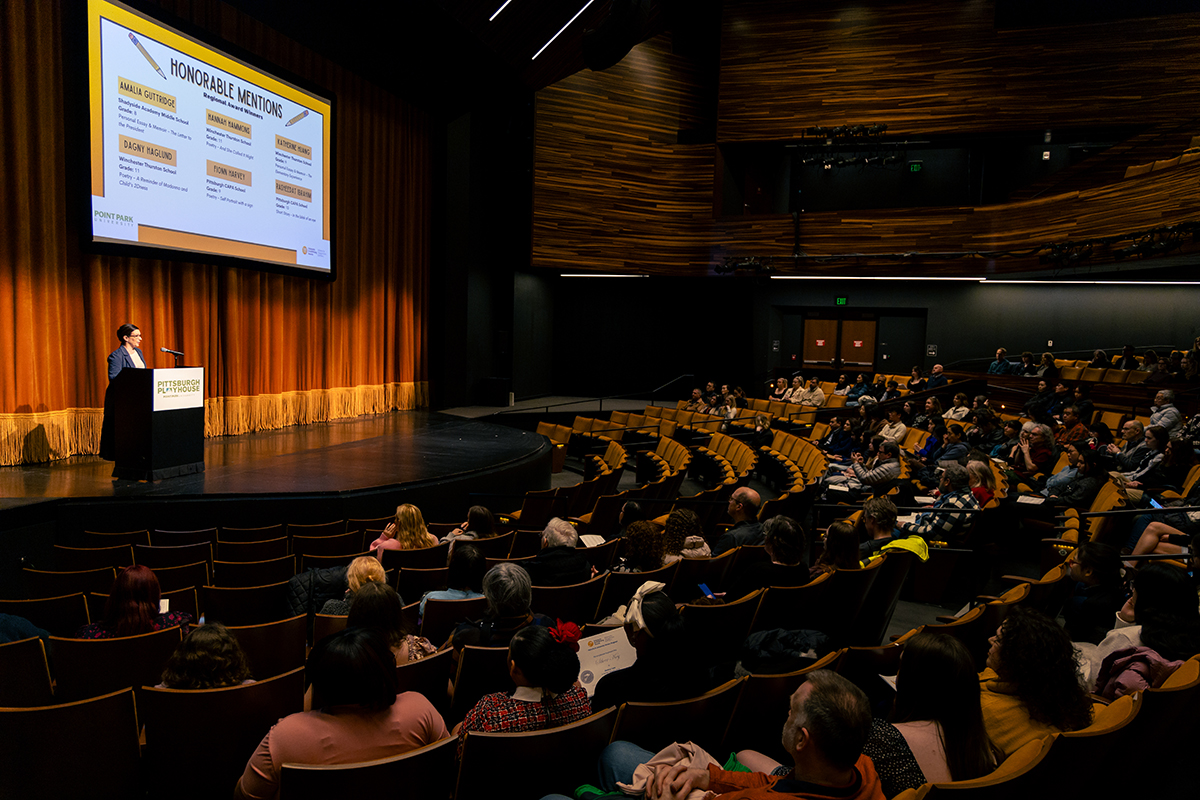 Pictured is Kiesha Lalama speaking at the 2024 Scholastic Writing Awards. Photo by Ethan Stoner.