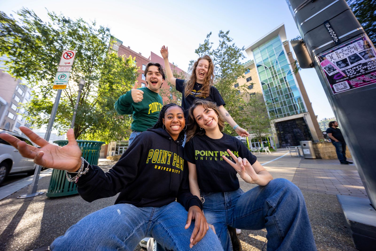 Pictured is a group of Point Park Students in front of campus. Photo by Paul Koontz.