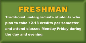Green Freshman button to click to launch the net price calculator for traditional undergraduate students who plan to take 12-18 credits per semester and attend classes Monday-Friday during the day and evening.