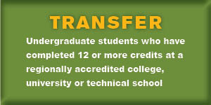 Green transfer student button to launch the net price calculator for undergraduate students who have completed 12 or more credits at a regionally accredited college, university or technical school.