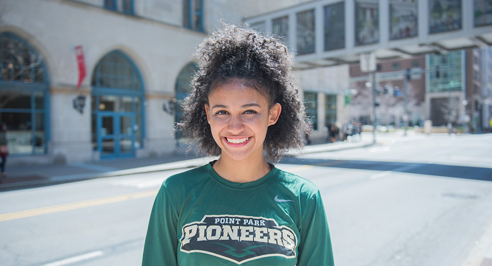 Pictured is a undergraduate student on Point Park's campus. Photo by Nick Koehler.