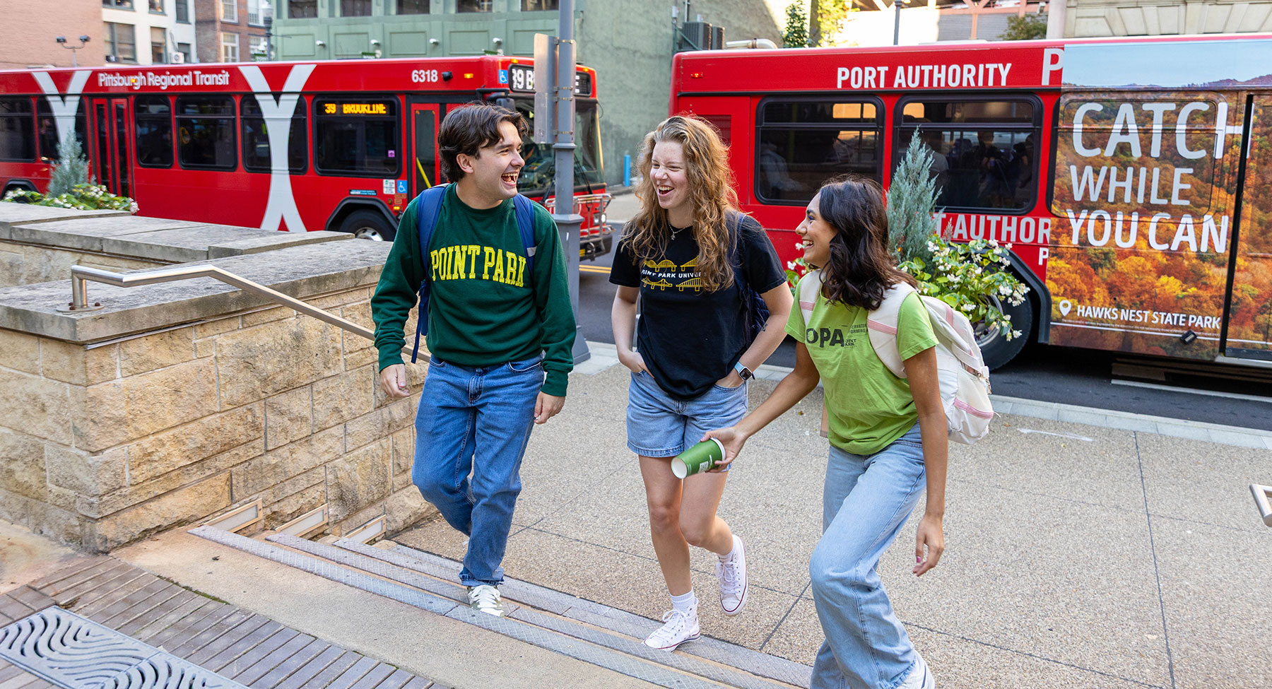 Students walking on Point Park's campus. Photo by Paul Koontz.
