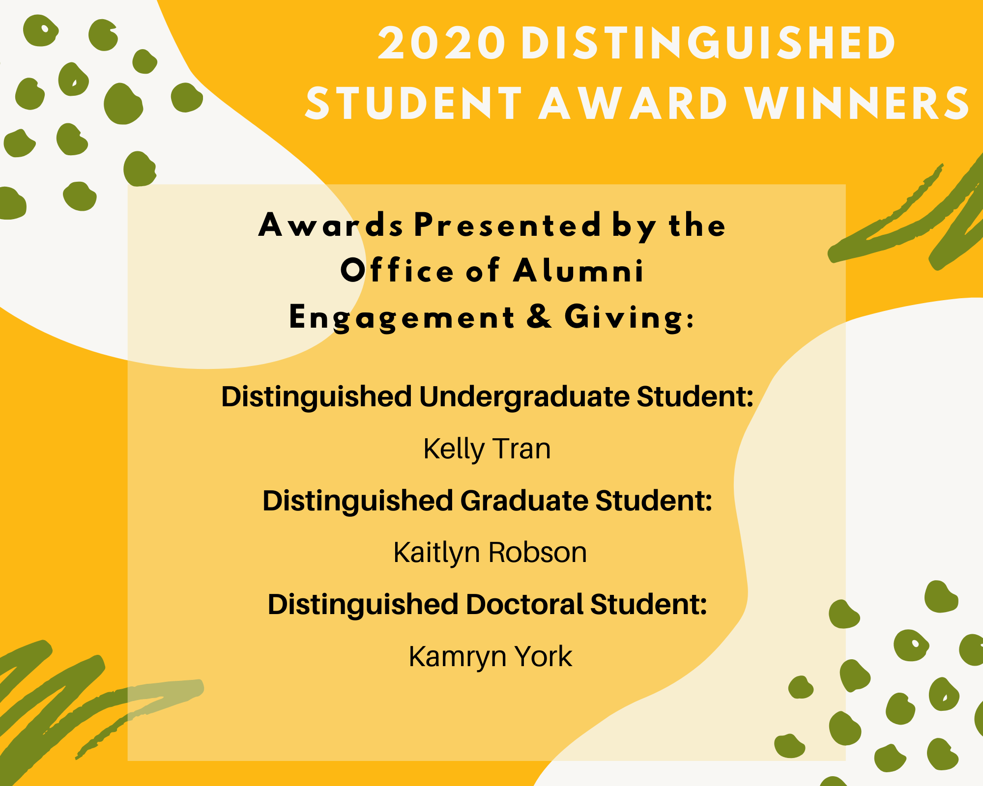 Graphic showing awardees of the Distinguished student Award. Undergraduate student awardee is Kelly Tran. Graduate student awardee is Kaitlyn Robinson. Doctoral student awardee is Kamryn York.