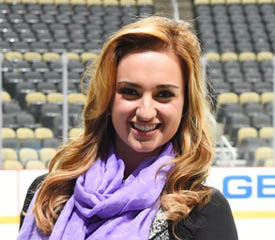 Pictured is Celina Pompeani, Point Park broadcasting alumna and TV Host for the Pittsburgh Penguins. | Photo submitted by Pompeani