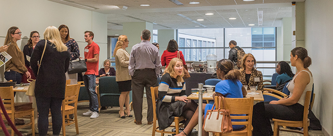 Pictured are Point Park HR students meeting with employers at a networking event on campus. | Photo by Nick Koehler 