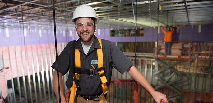 Alumnus Phillip Irvin Installs Stage Rigging for Point Park's New Pittsburgh Playhouse. Photo | Chris Rolinson