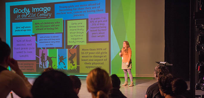 Heather York from the Renfrew Center speaks to Point Park University dance students about eating disorders. Photo | Nick Koehler