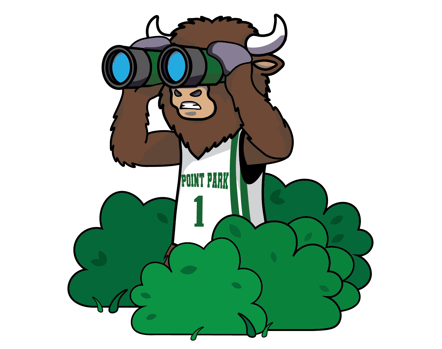 Cartoon illustration of the bison mascot viewing a "Page Not Found" sign through binoculars.