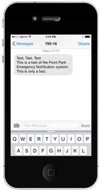 A screen shot of a cell phone displaying a test alert from the PointAlert system notification system at Point Park University.