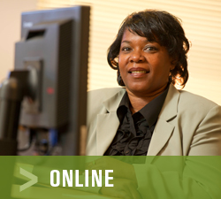 Pictured is a Point Park business student on the computer. | Photo by John McKeith