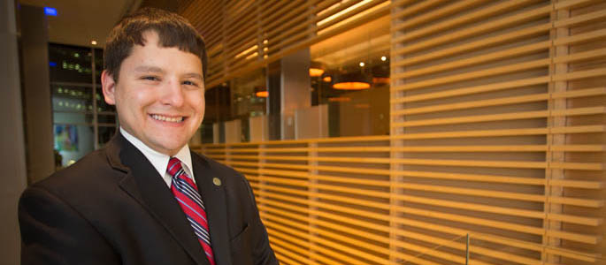 Pictured is Andrew LeDonne, intelligence and national security graduate and Point Park's 2015 outstanding student leader. | Photo by John Altdorfer