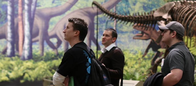 Ecology students Michael Bowen and Matthew Love recently shadowed Matthew Lamanna, Ph.D., assistant curator of vertebrate paleontology, at the Carnegie Museum of Natural History. | Photo by Victoria A. Mikula