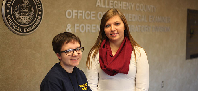 Pictured are forensic science majors Leanna Brooks and Alex Pochiba, interns for the Allegheny County Medical Examiner's Office. | Photo by Olivia Ruk