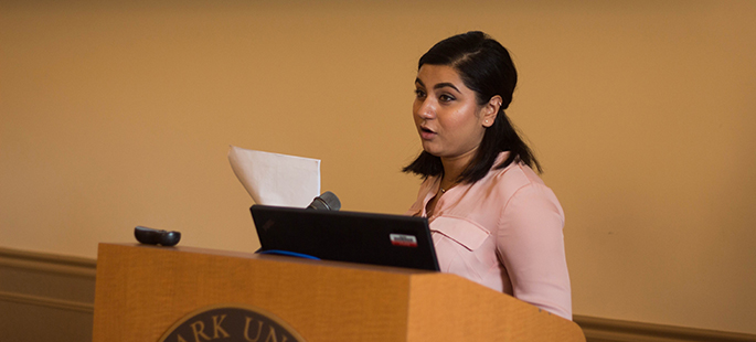 Pictured is Khyati Raj Solanki presenting at the Summer 2017 Criminal Justice Administration Graduate Symposium. | Photo by Annie Brewer