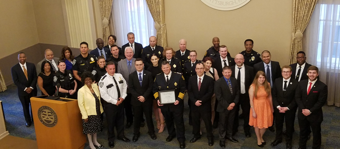 Pictured are attendees at the 2017 dinner honoring Pittsburgh Police Chief Scott Schubert, hosted by the Criminal Justice Club. | Photo by Kaylee Kearns