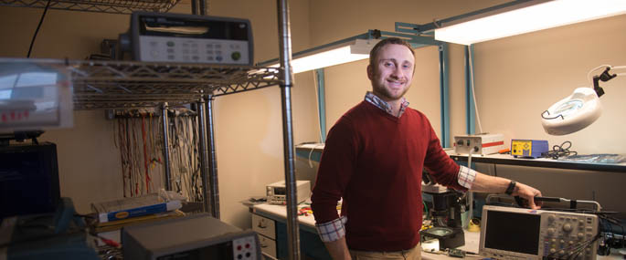 Pictured is Ian Lupo, a 2014 electrical engineering technology alumnus and electrical engineer for Industrial Scientific Corporation. | Photo by Chris Rolinson