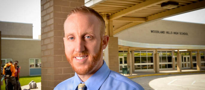 Pictured is Patrick Scott, 2012 K-12 principal certificate alumnus and assistant principal at Woodland Hills High School. | Photo by Jim Judkis