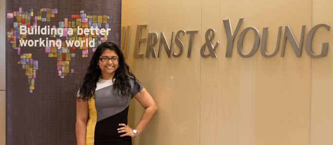 Pictured is Point Park accounting student Destiny Medina, a summer launch intern for Ernst & Young. | Photo by Victoria A. Mikula