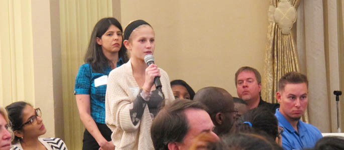 Pictured is a Point Park graduate student speaking at the 2014 Ethical Leadership Speaker Series. | Photo by Amanda Dabbs