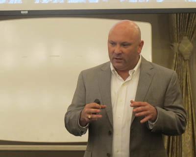 Pictured is Dr. Evan Offstein, former military intelligence officer, author and professor, speaking at Point Park University. | Photo by Amanda Dabbs