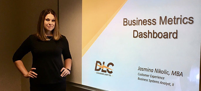 Pictured is business management and M.B.A. alumna Jasmina Nikolic, business systems analyst II for Duquesne Light Company. | Photo by Hayley Whittaker