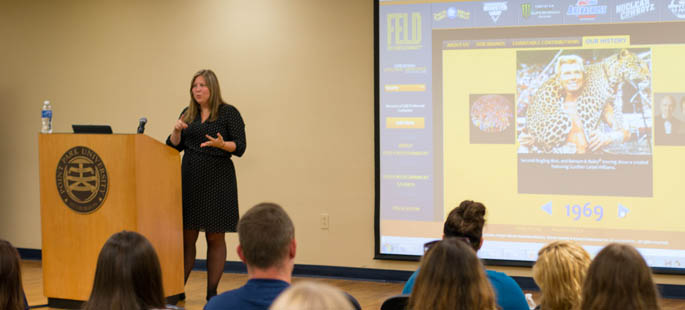 MaryAnn Bagnoli, director of event marketing and sales for Feld Entertainment, presents to Paige Beal's SAEM Marketing and Promotions class. | Photo by Victoria A. Mikula