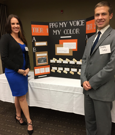 Pictured are School of Business students Noel Knostman and Bradley Calleja at the 2017 American Marketing Association Pittsburgh Chapter Collegiate Marketing Competition. | Photo by Paige Beal
